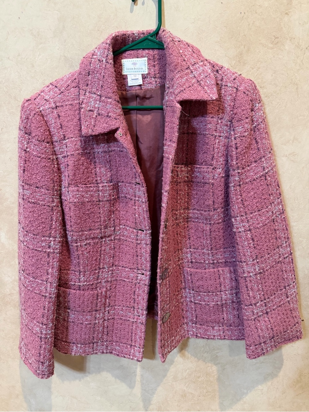 Susan Bristol Pink Tweed Jacket - Women's Classic Collar Coat size 12